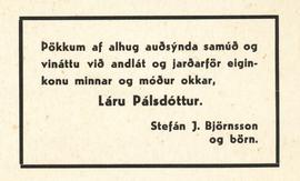 Þakkarkort vegna andláts Láru Pálsdóttur (1908-1953)